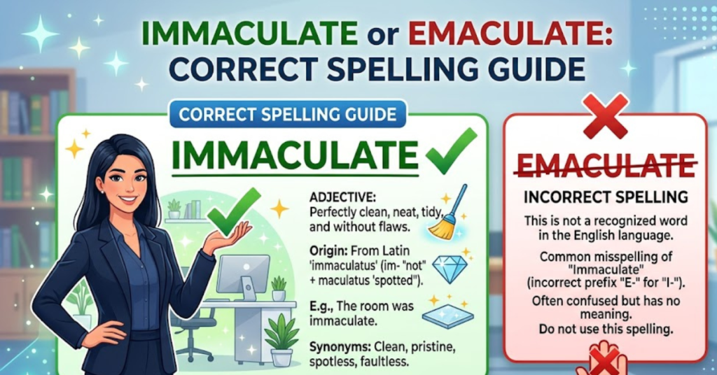Ever typed a word, paused, and thought—that doesn’t look right? If you’ve found yourself wondering immaculate or emaculate, you’re definitely not alone. It’s a common spelling confusion that trips up even confident writers. In this article, we’ll clear up the confusion around immaculate or emaculate meaning, explain the correct usage, and give you simple ways to remember it. By the end, you’ll never second-guess this word again. Immaculate or Emaculate: Which Is Correct? Let’s get straight to the point: “immaculate” is the correct spelling. “Emaculate” is a misspelling and isn’t recognized in standard English dictionaries. If you’re asking is it immaculate or emaculate, the answer is always immaculate. This word is widely used in both everyday language and formal writing, so it’s worth getting it right. Immaculate Meaning Explained Now that we’ve settled the spelling, let’s look at what immaculate actually means. Immaculate generally refers to something that is: Perfectly clean or spotless Free from mistakes or flaws Neat, tidy, and well-organized Example Sentences Her room was absolutely immaculate, with everything in its place. He gave an immaculate performance during the presentation. The car looked immaculate, as if it had just come out of the showroom. In simple terms, the word describes something close to perfection. Why Do People Confuse Emaculate with Immaculate? If “emaculate” is incorrect, why do so many people use it? Here are a few reasons: 1. Pronunciation Confusion When spoken quickly, immaculate can sound like it starts with an “e” instead of an “i.” 2. Spelling Patterns English has many words starting with “em-,” which makes “emaculate” seem plausible. 3. Typing Errors It’s an easy slip of the fingers when typing fast. Understanding these reasons makes it easier to avoid the mistake. How to Remember the Correct Spelling Struggling to remember is it immaculate or emaculate? Try these simple tricks: Think “I’m immaculate” — associating the word with “I’m” helps you remember it starts with “im.” Double ‘m’ matters — the correct word has two “m” letters. Visual memory — picture something perfectly clean and label it “immaculate.” These small hacks can make a big difference. Common Contexts Where “Immaculate” Is Used You’ll often see or hear immaculate in different situations, such as: Cleanliness Immaculate home Immaculate clothes Performance Immaculate execution Immaculate timing Appearance Immaculate design Immaculate presentation It’s a versatile word that works in both casual and professional settings. Similar Words and Synonyms To deepen your understanding, here are some synonyms of immaculate: Spotless Flawless Pristine Perfect Neat While these words are similar, immaculate often carries a stronger sense of perfection. FAQs Immaculate or emaculate—what’s correct? The correct spelling is immaculate. “Emaculate” is incorrect. What is the meaning of immaculate or emaculate meaning? Immaculate means perfectly clean, flawless, or without mistakes. Is it immaculate or emaculate in formal writing? Always use immaculate in formal and informal writing. Why do people say emaculate? It’s usually due to pronunciation confusion or simple spelling mistakes. Can immaculate describe a person? Yes, it can describe someone’s appearance, behavior, or performance as flawless. Conclusion So, the next time you hesitate between immaculate or emaculate, remember this: immaculate is the only correct spelling. Beyond just spelling, it’s a powerful word that conveys cleanliness, precision, and perfection. Getting small details like this right can make your writing look more polished and professional. Keep learning, stay curious, and don’t be afraid to double-check—because even tiny improvements can lead to immaculate results.