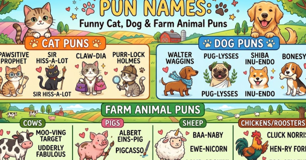 Pun Names: Funny Cat, Dog & Farm Animal Puns